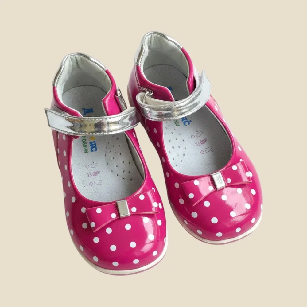 Apakowa Girls Pink Polka Dot Mary Jane Shoes Bow Accent Silver Strap Size 24